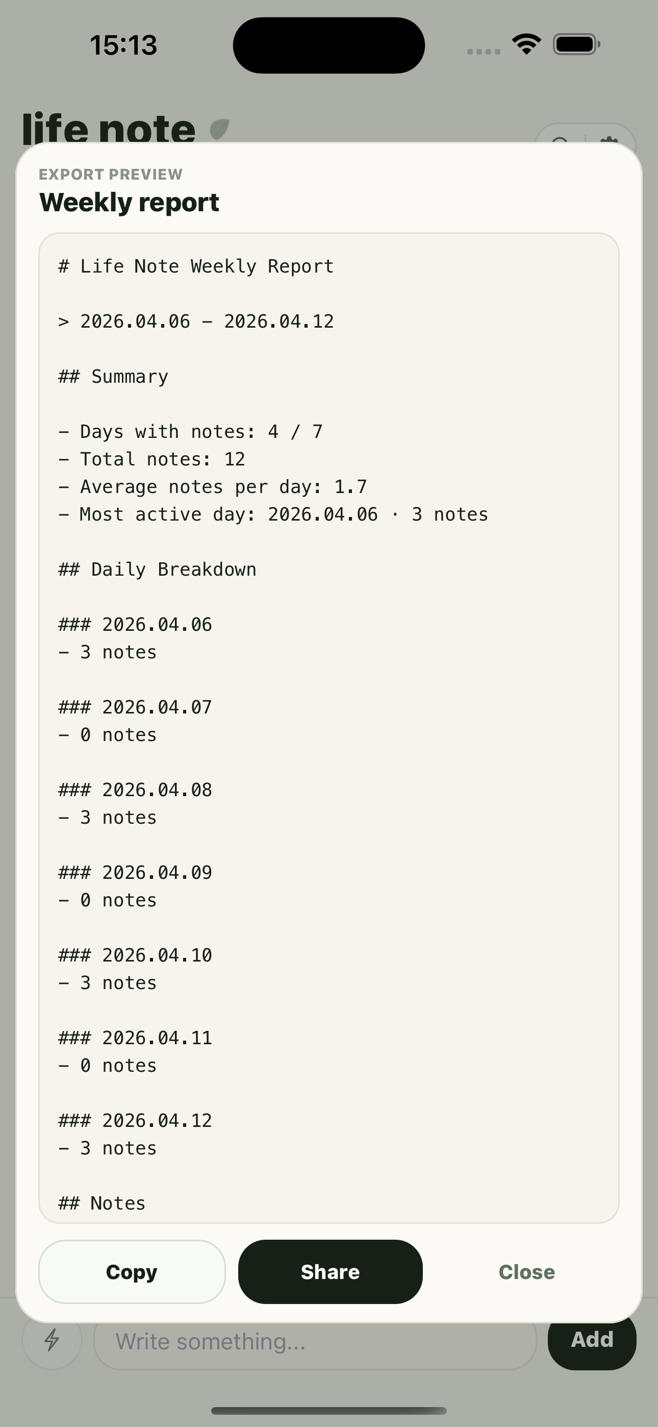 life note weekly summary and todo screen